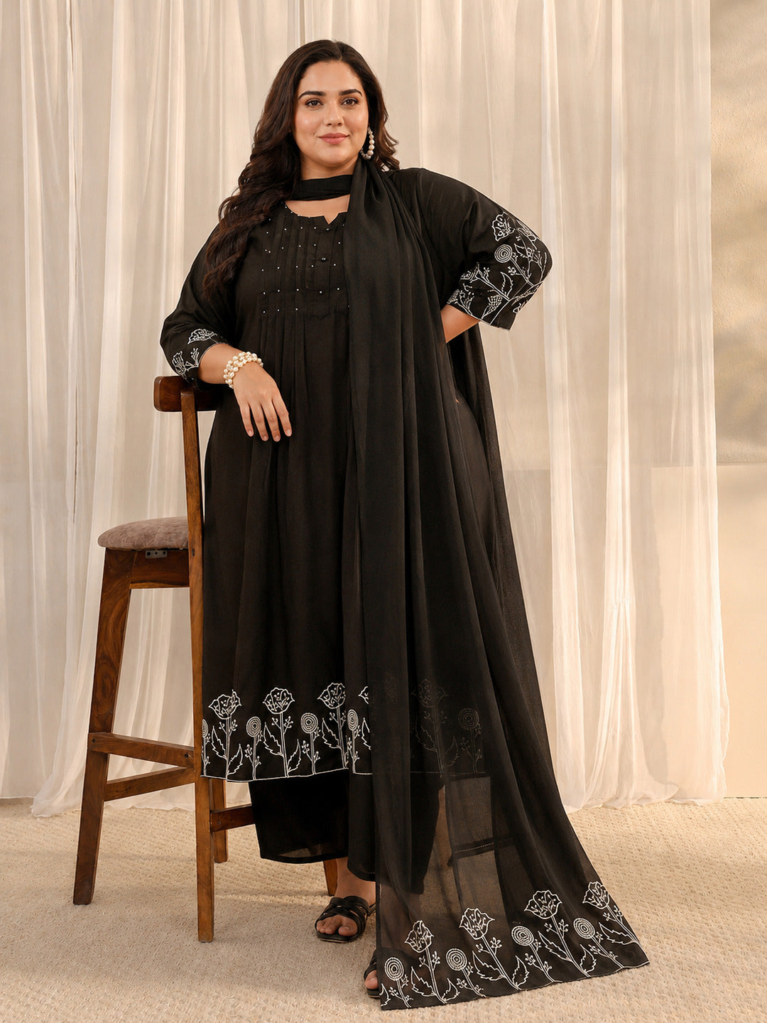 Plus Size Black Solid Cotton A-Line Suit Set With Dupatta