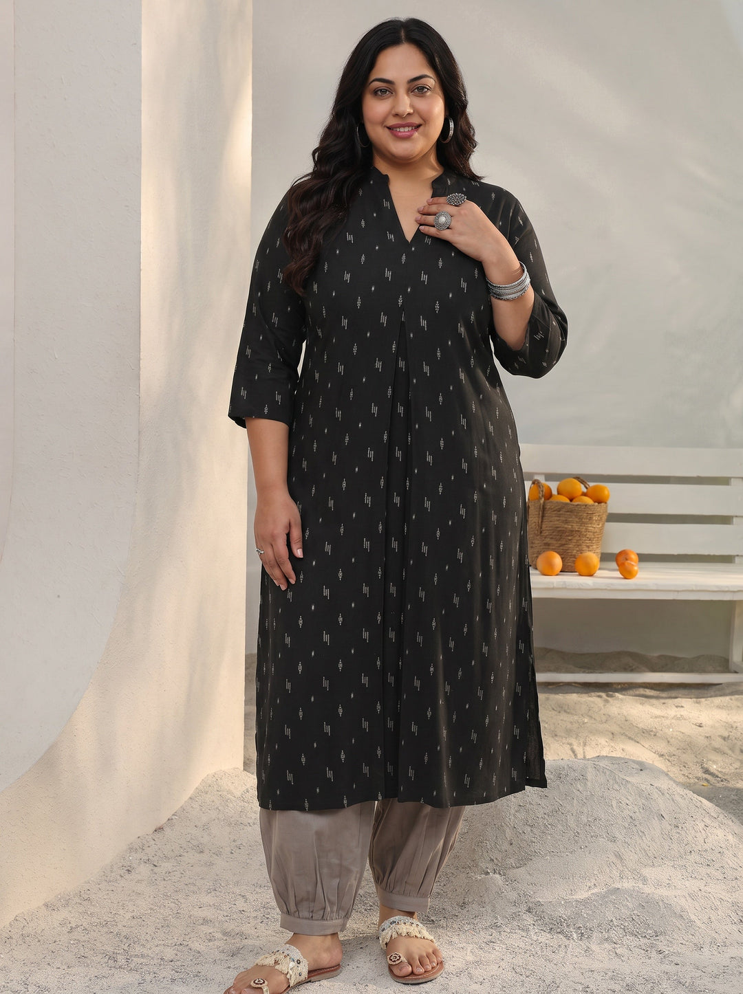 Plus Size Black Woven Design Rayon Straight Kurta