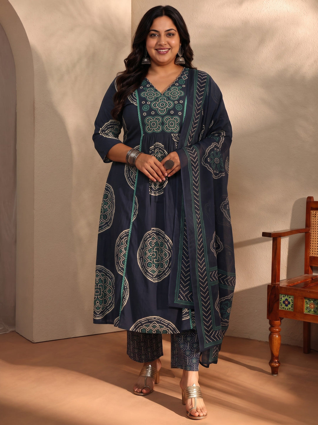 Plus Size Blue Bandhani Printed Cotton Blend A-Line Suit Set With Dupatta
