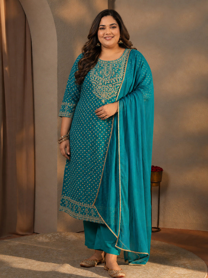 Plus Size Blue Bandhani Printed Silk Blend Straight Suit Set With Dupatta