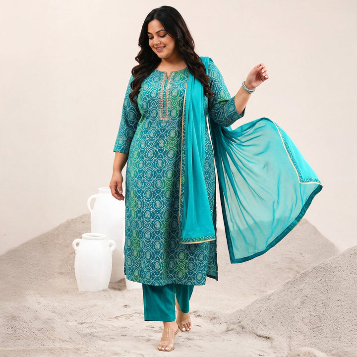 Plus Size Blue Bandhani Printed Viscose Straight Suit Set