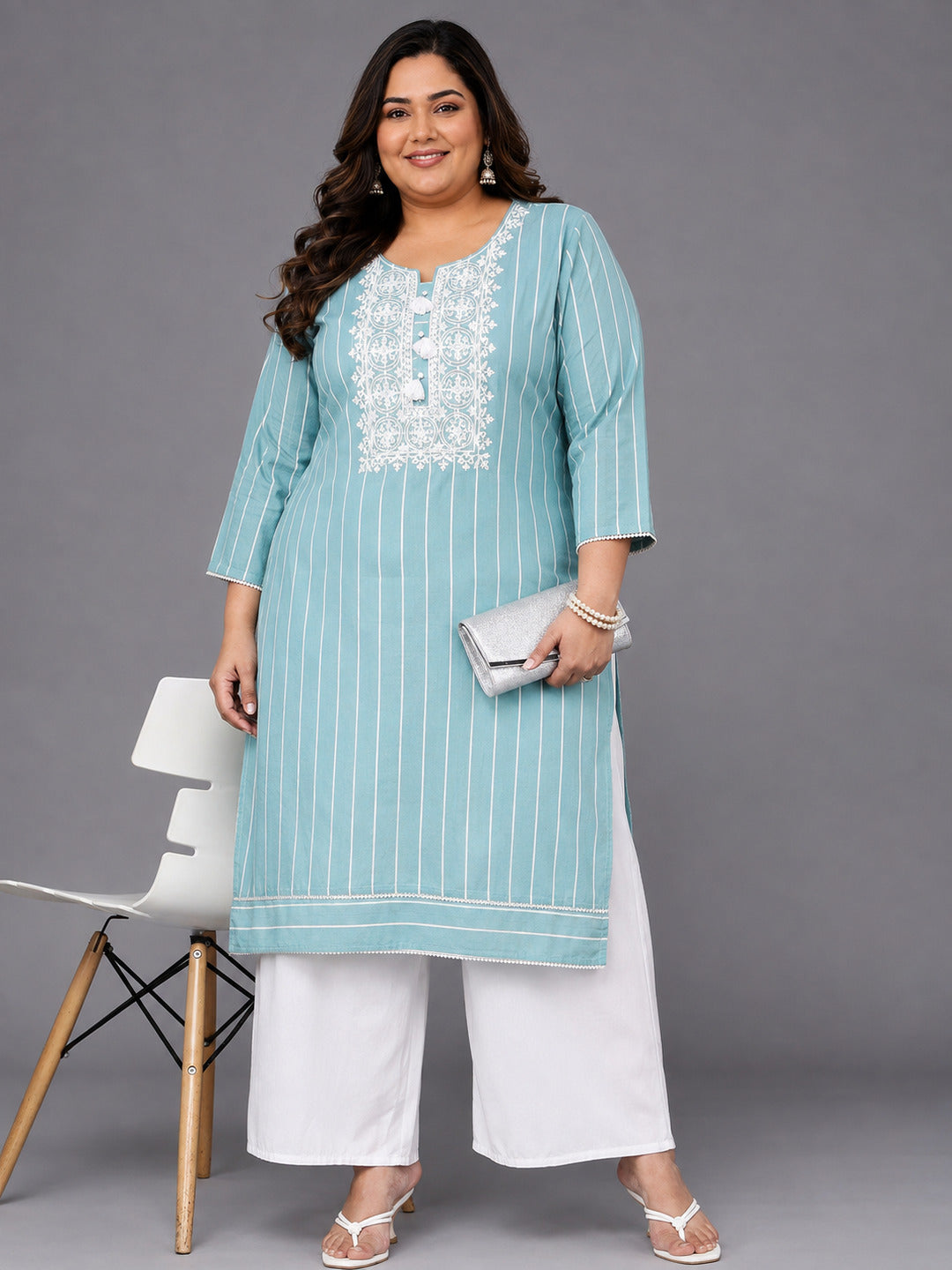 Plus Size Blue Embroidered Cotton Straight Kurta