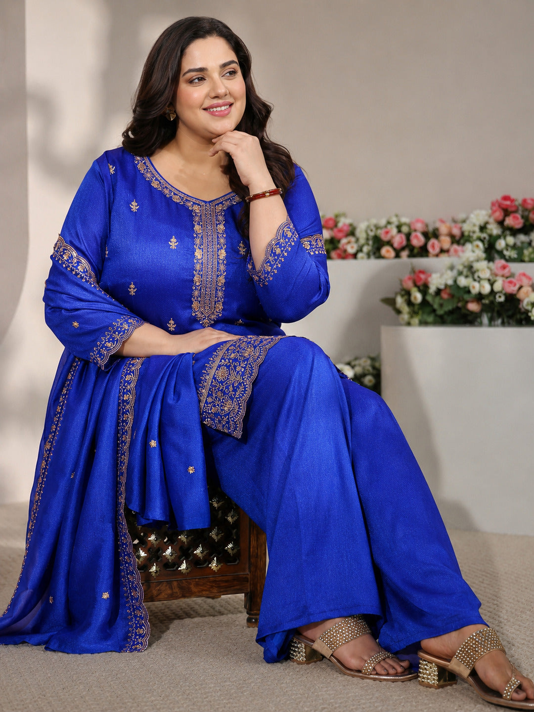Plus Size Blue Embroidered Silk Blend Straight Suit Set With Dupatta