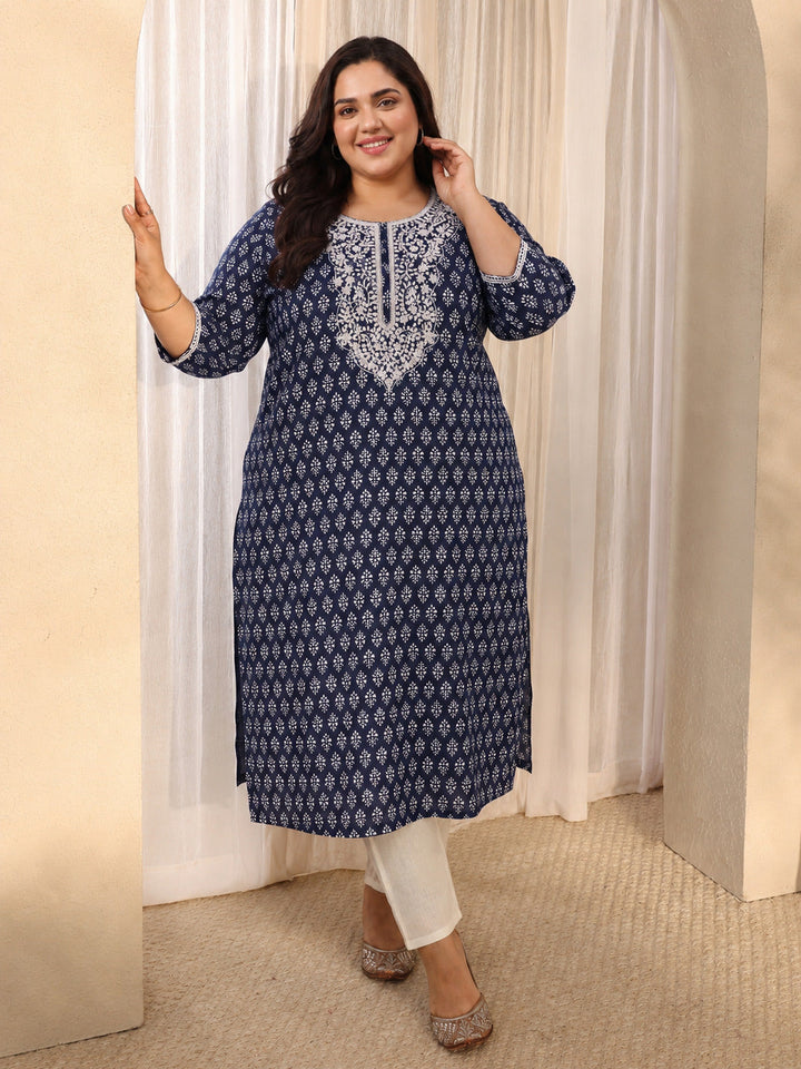 Plus Size Blue Ethnic Motif Printed Cotton Straight Kurta