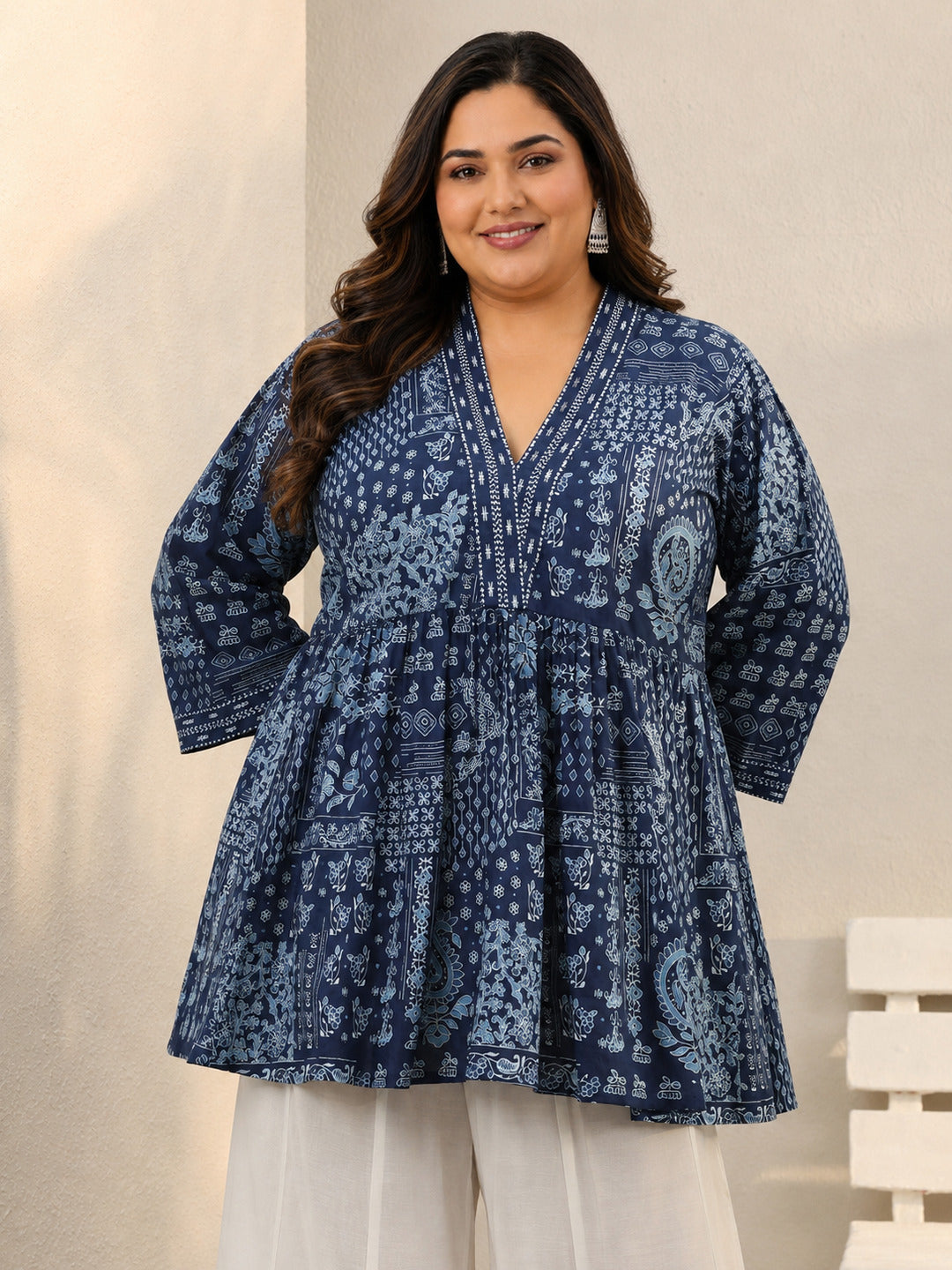 Plus Size Blue Ethnic Printed Cotton A-Line Short Kurti