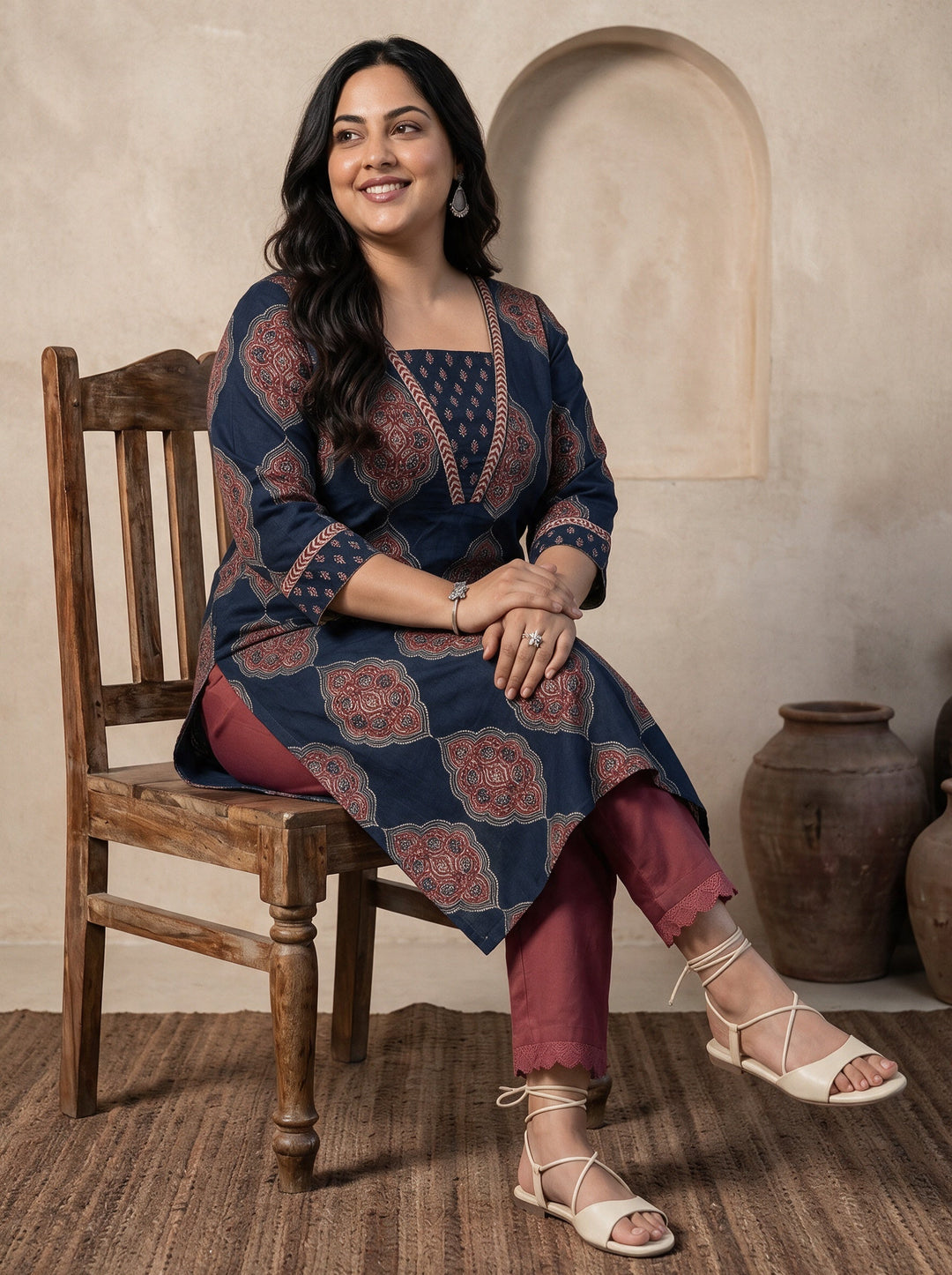 Plus Size Blue Ethnic Printed Cotton Straight Kurta