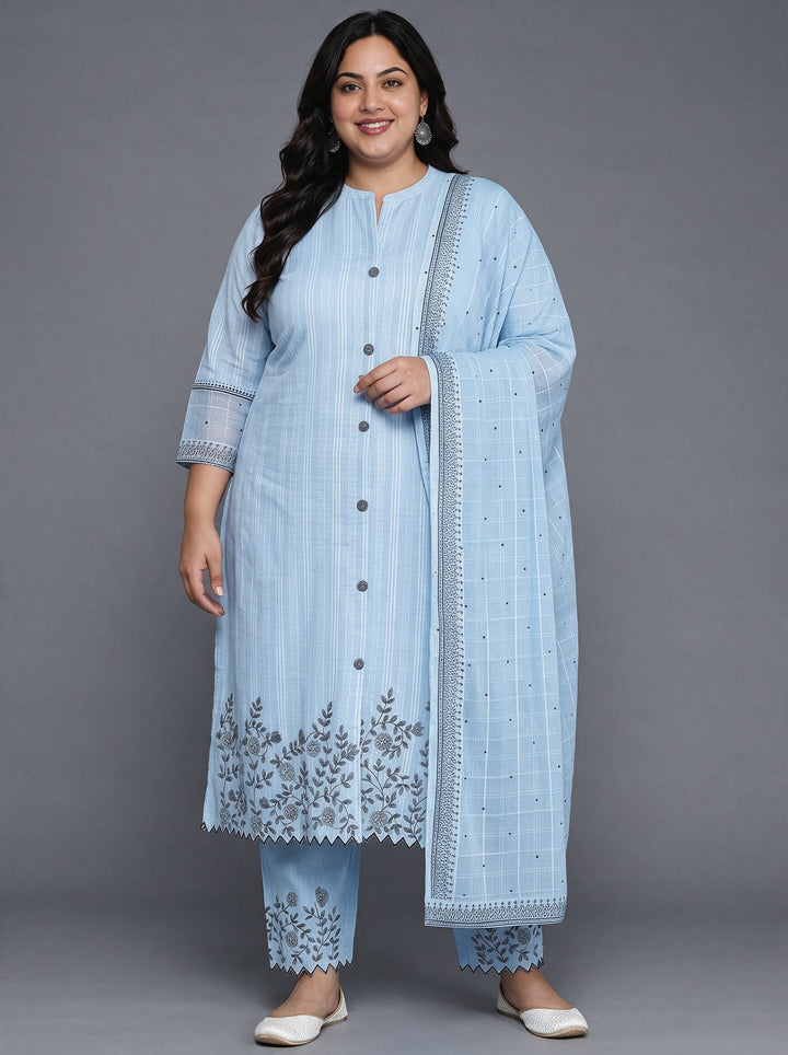 Plus Size Blue Floral Embroidered Cotton Straight Suit Set