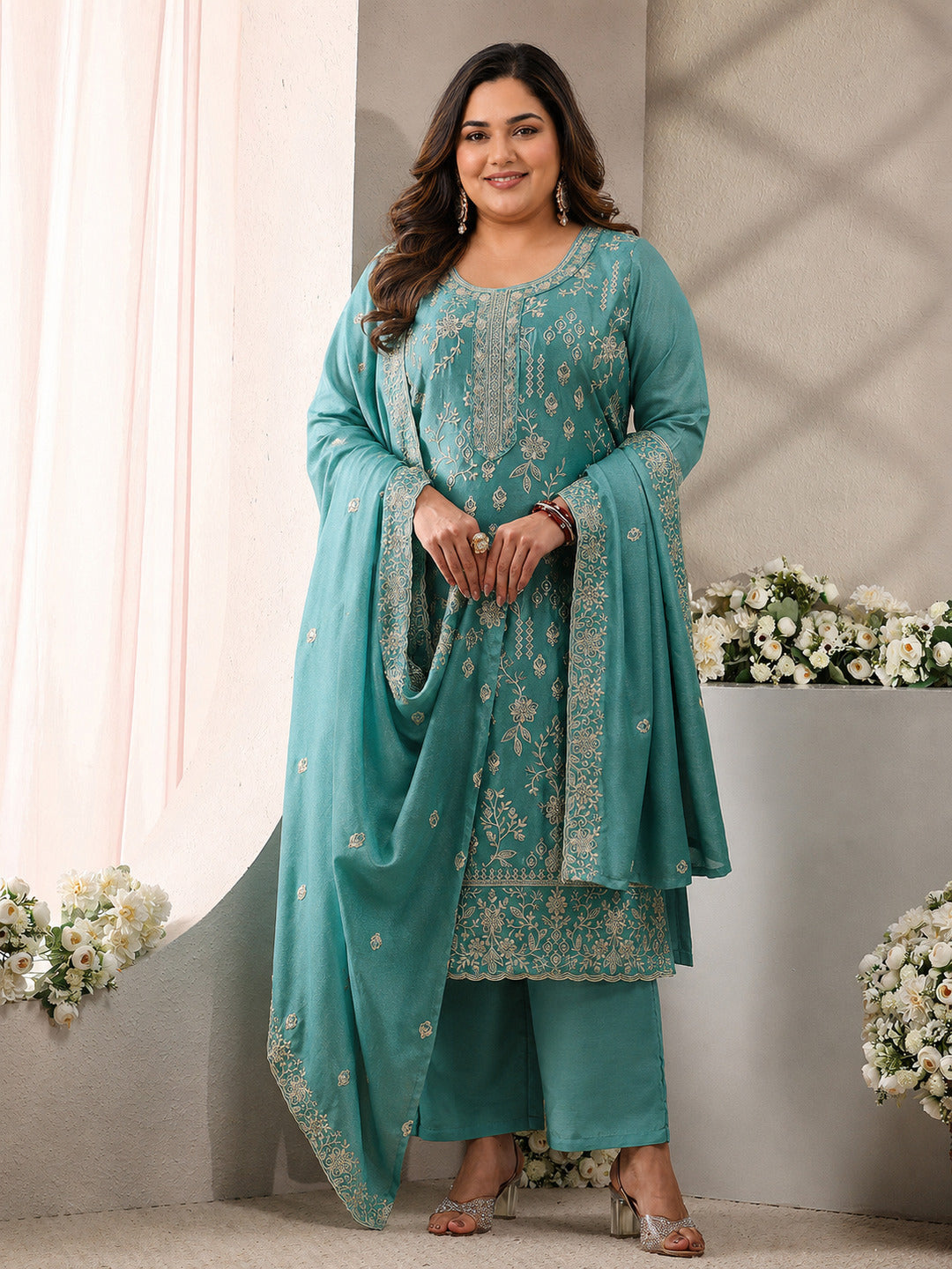 Plus Size Blue Floral Embroidered Silk Blend Straight Suit Set With Dupatta