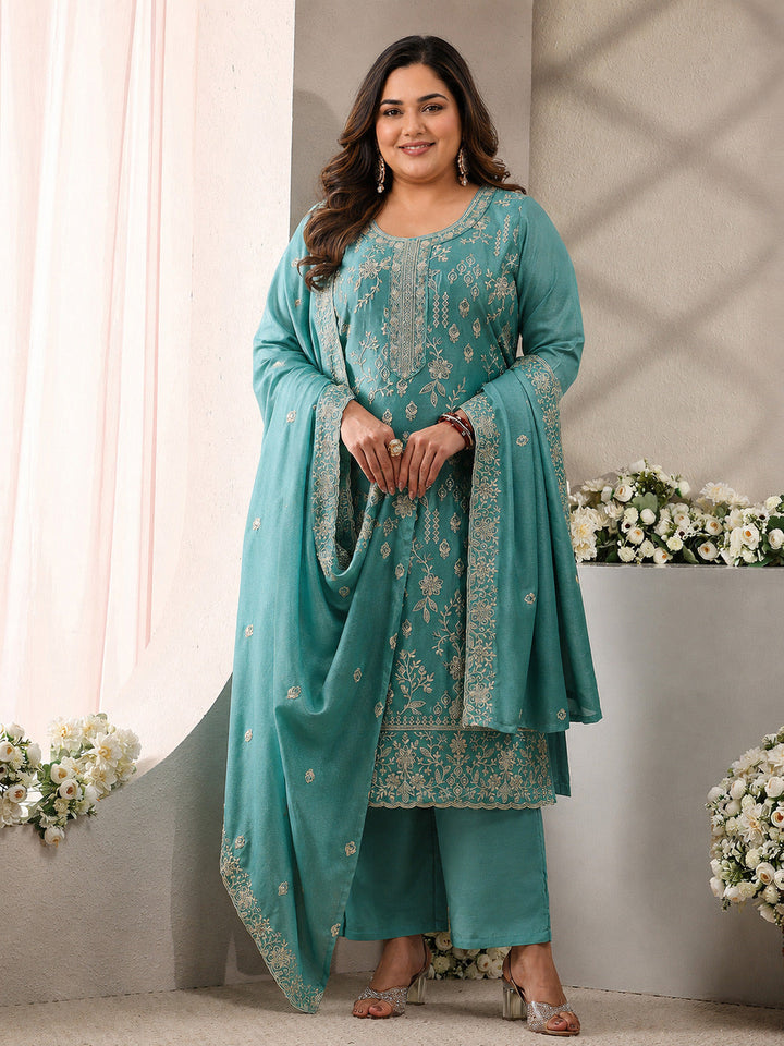 Plus Size Blue Floral Embroidered Silk Blend Straight Suit Set With Dupatta