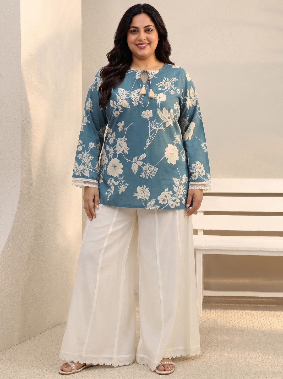 Plus Size Blue Floral Printed Cotton Tie-Up Straight Short Kurti