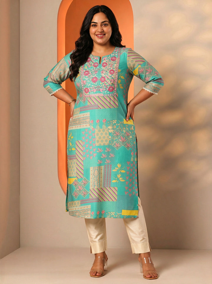 Plus Size Blue Floral Printed Silk Blend Straight Kurta