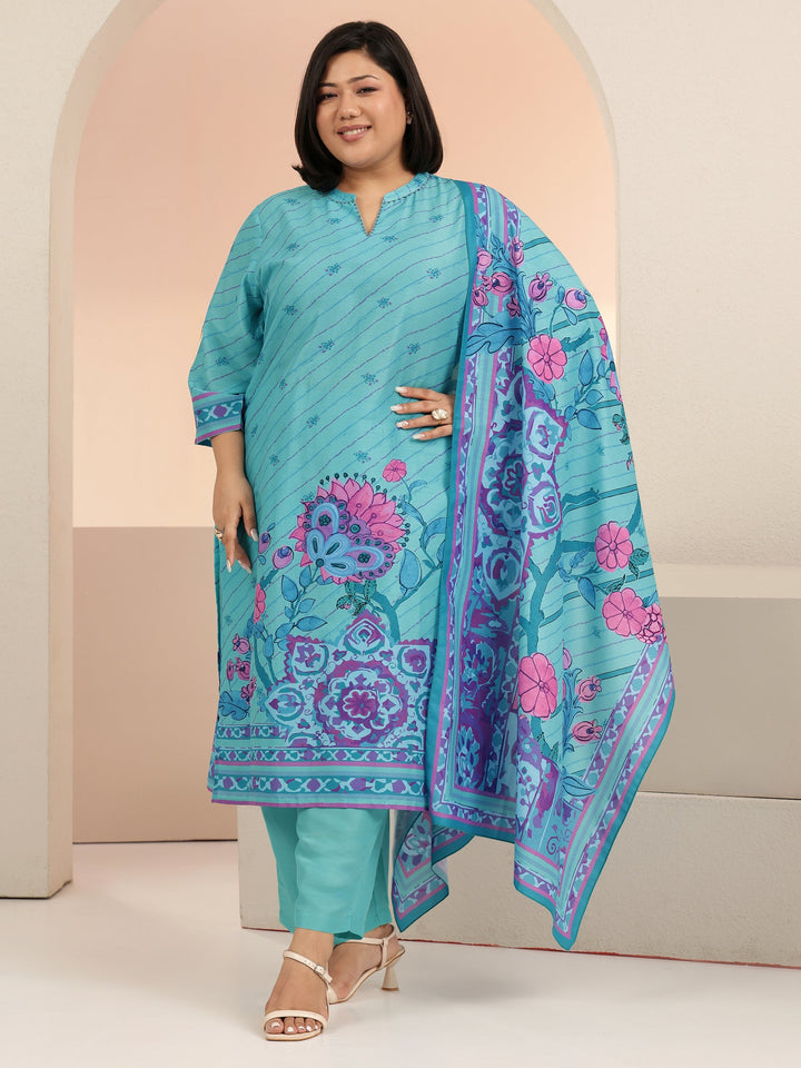 Plus Size Blue Floral Printed Straight Suit Set