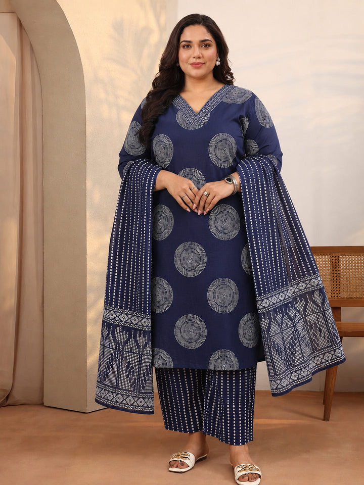 Plus Size Blue Geometric Printed Cotton Suit Set With Dupatta