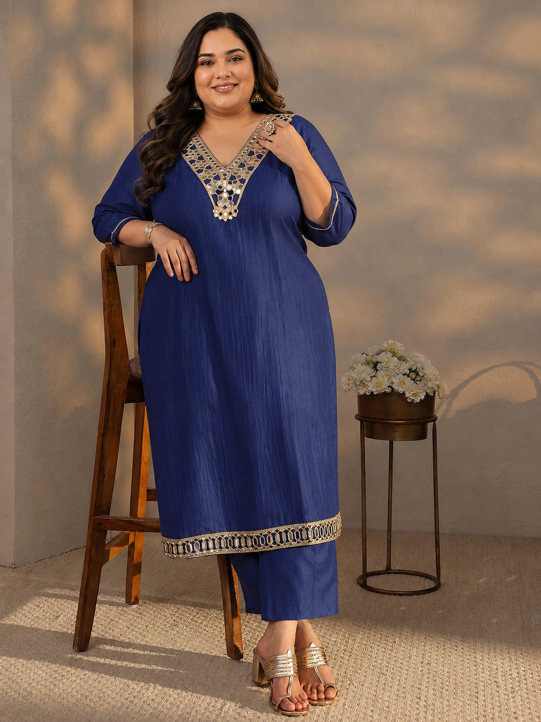 Plus Size Blue Mirror Work Yoke Design Silk Blend Straight Kurta Set