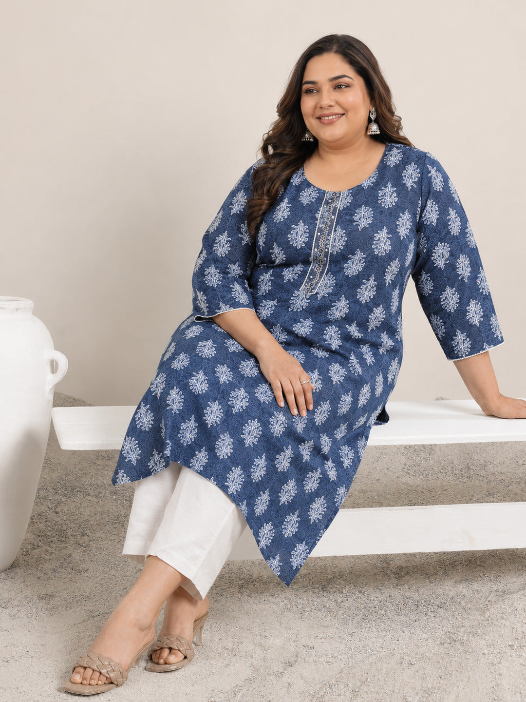 Plus Size Blue Printed Cotton Straight Kurta