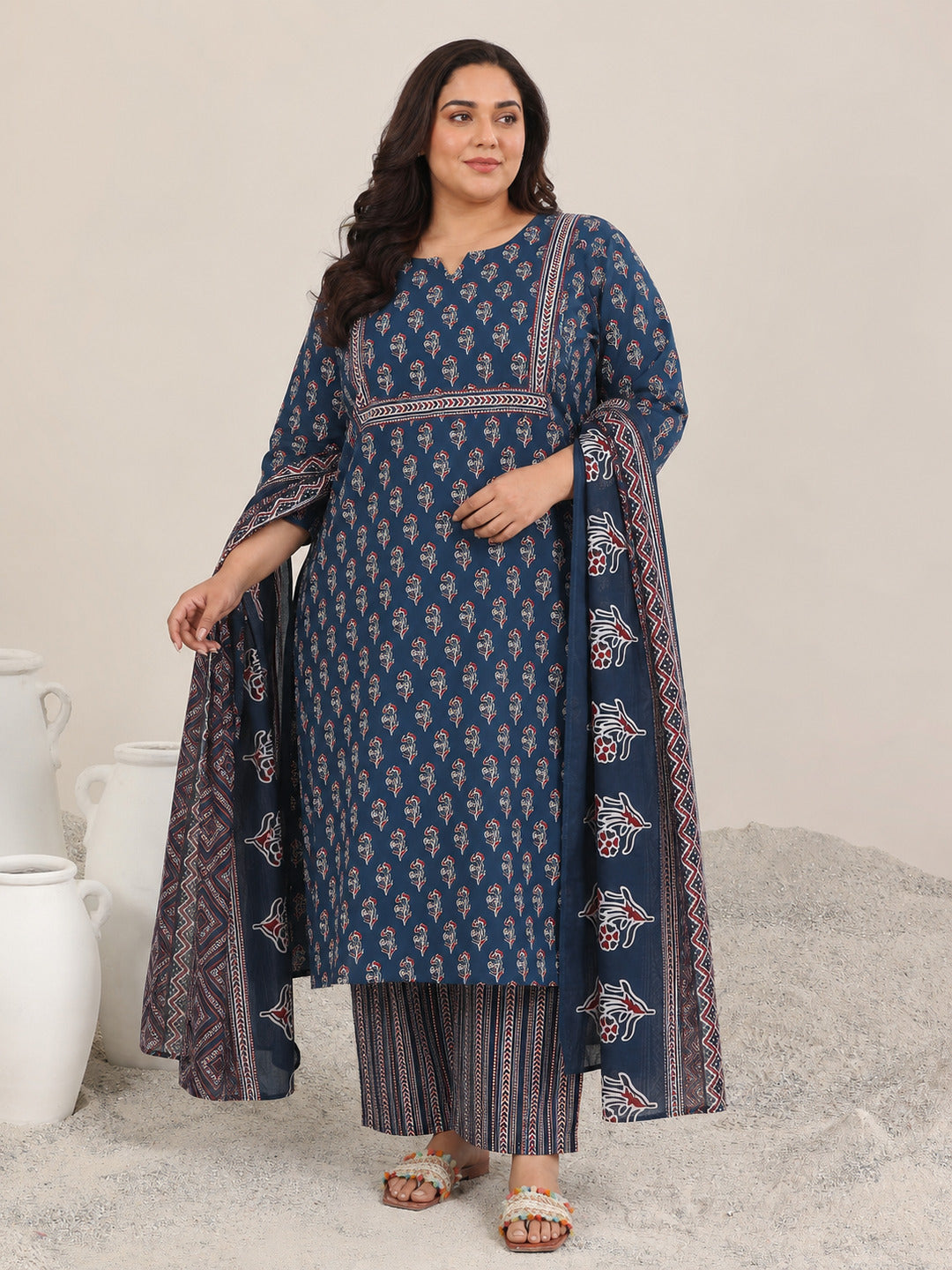 Plus Size Blue Printed Cotton Straight Suit With Dupatta