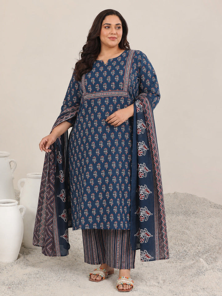 Plus Size Blue Printed Cotton Straight Suit With Dupatta