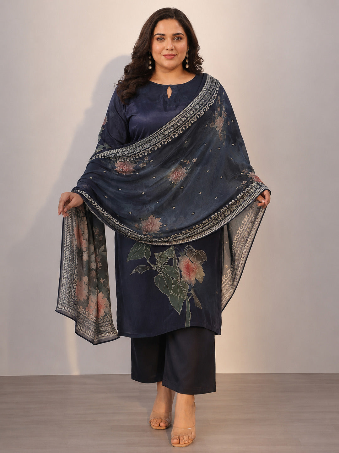 Plus Size Blue Printed Silk Blend Straight Suit With Dupatta