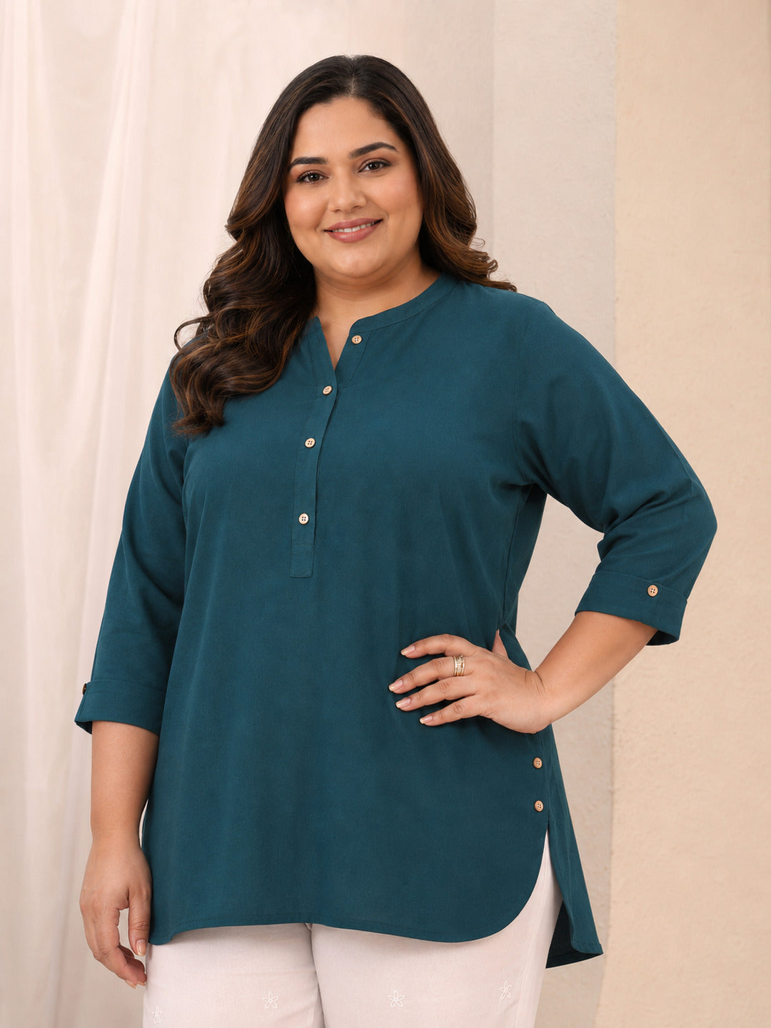 Plus Size Blue Solid Solid Cotton Straight Short Kurti