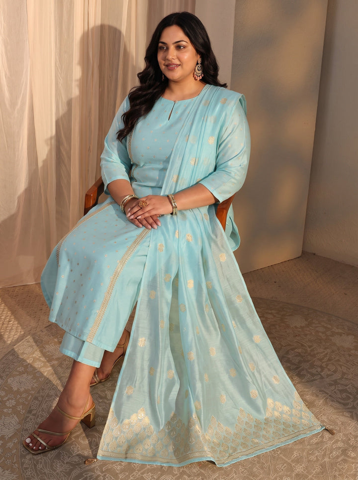 Plus Size Blue Woven Design Chanderi Silk Straight Suit Set