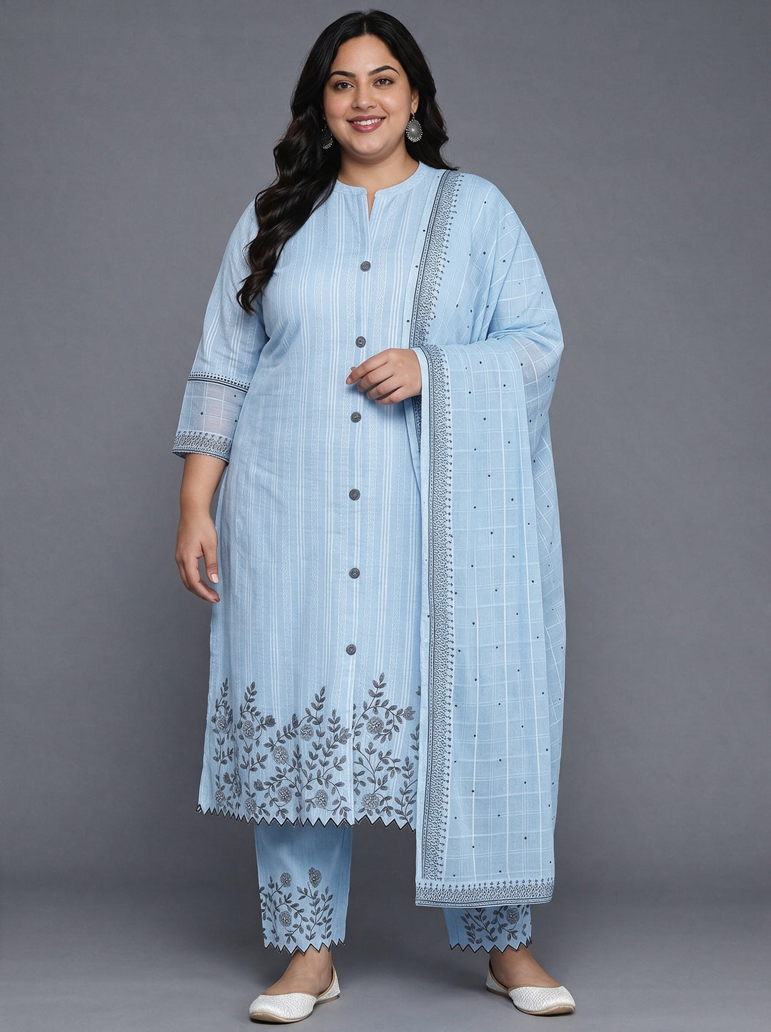Plus Size Blue Woven Design Cotton Straight Suit With Dupatta