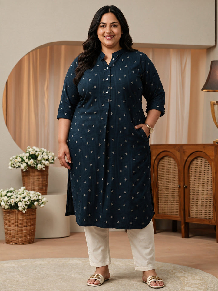 Plus Size Blue Woven Design Rayon Straight Kurta