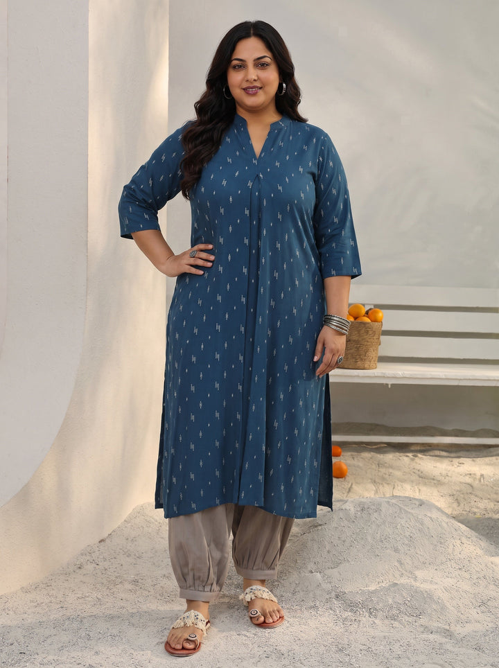 Plus Size Blue Woven Design Rayon Straight Kurta