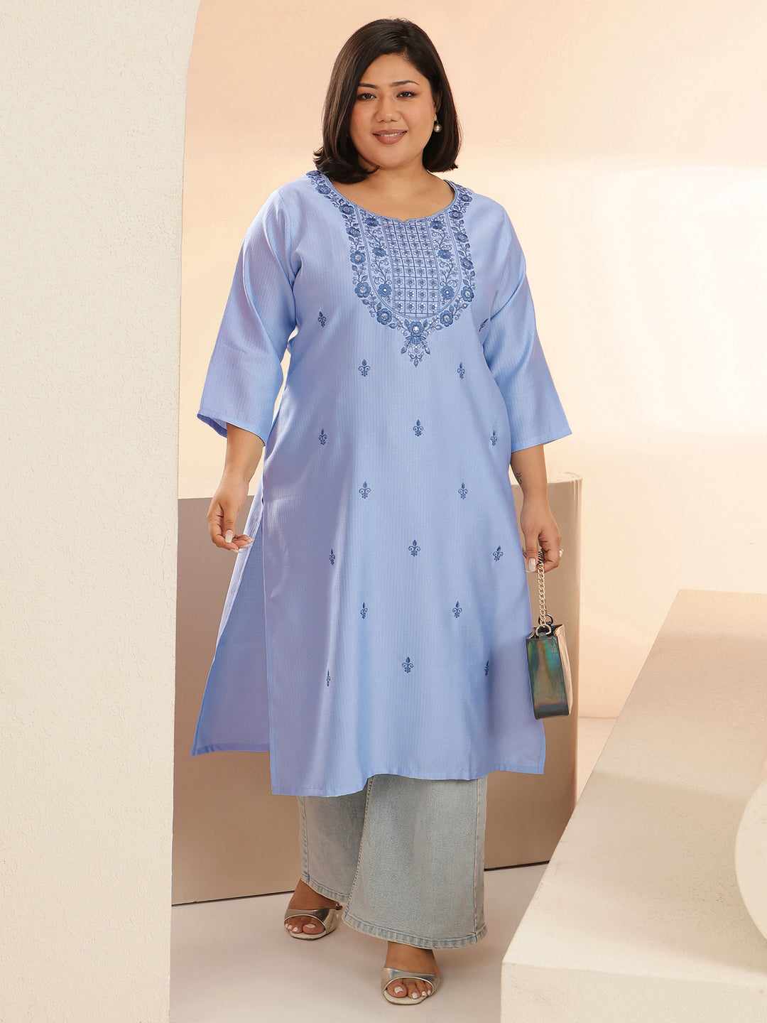 Plus Size Blue floral embroidered jacquard Cotton straight kurta