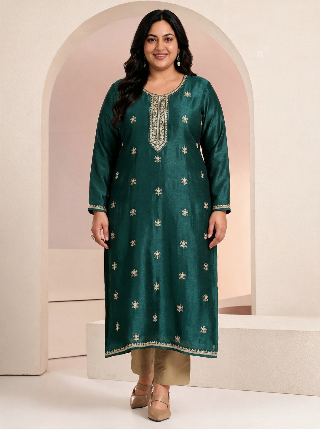 Plus Size Bottle Green Ethnic Embroidered Silk Blend Straight Kurta