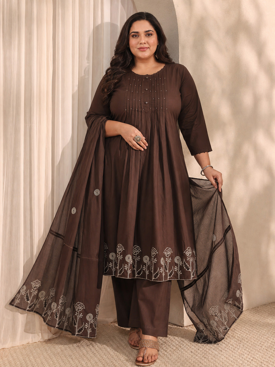 Plus Size Brown Embroidered Cotton A-Line Suit Set With Dupatta
