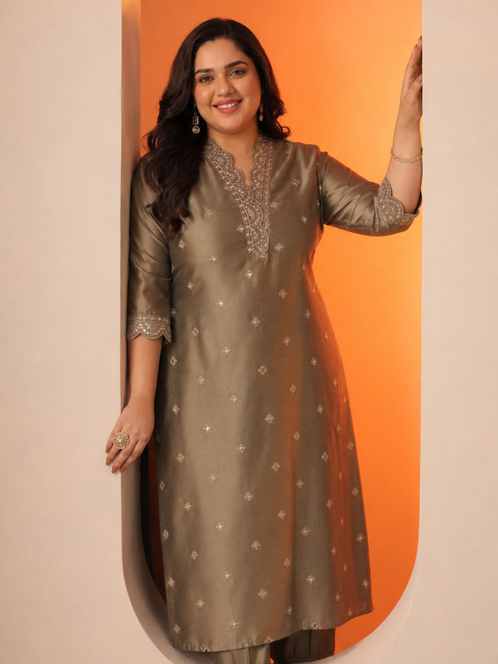 Plus Size Brown Embroidered Silk Blend Straight Kurta Set