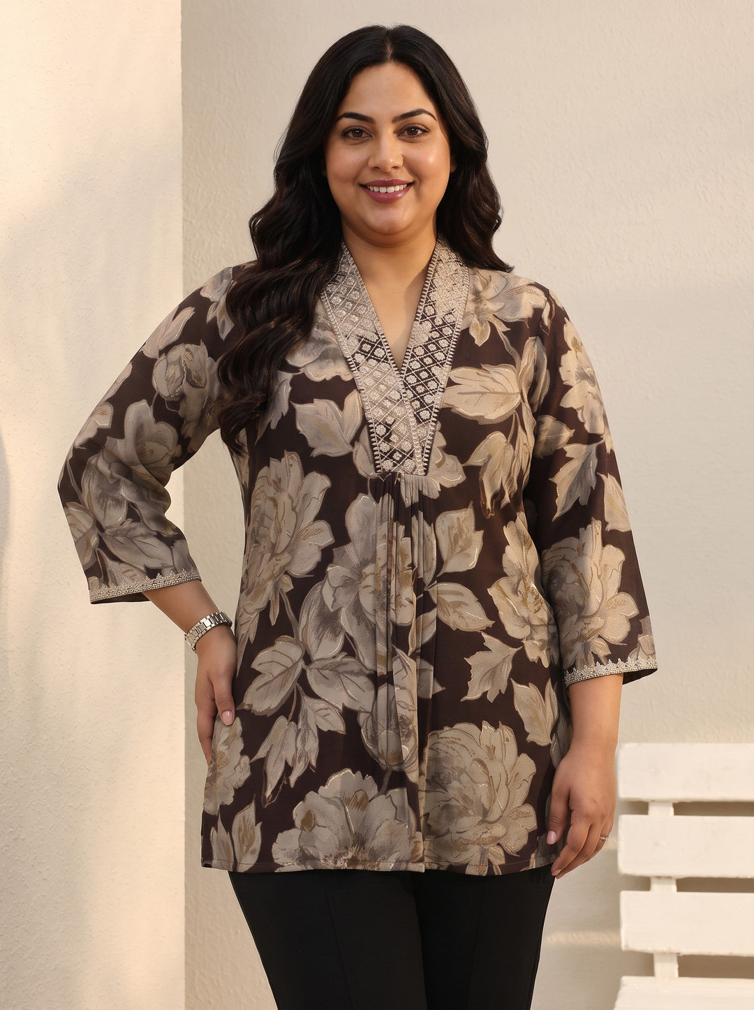Plus Size Brown Floral Printed Silk Blend Straight Short Kurti