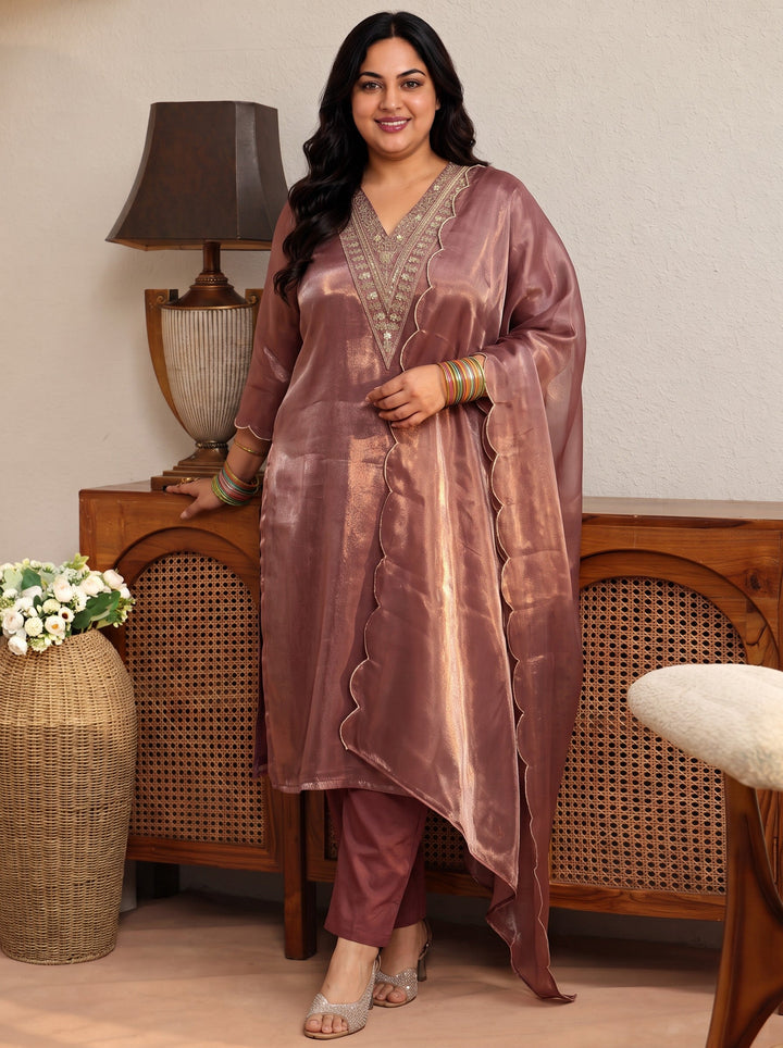 Plus Size Brown Yoke Design Tissue Straight Suit Set
