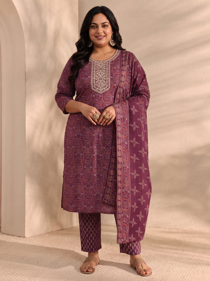 Plus Size Burgundy Ajrak Printed Cotton Blend Straight Suit Set With Dupatta