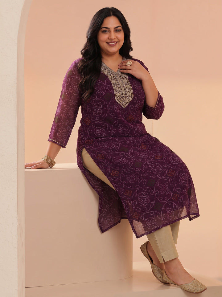 Plus Size Burgundy Bandhani Printed Chiffon Straight Kurta