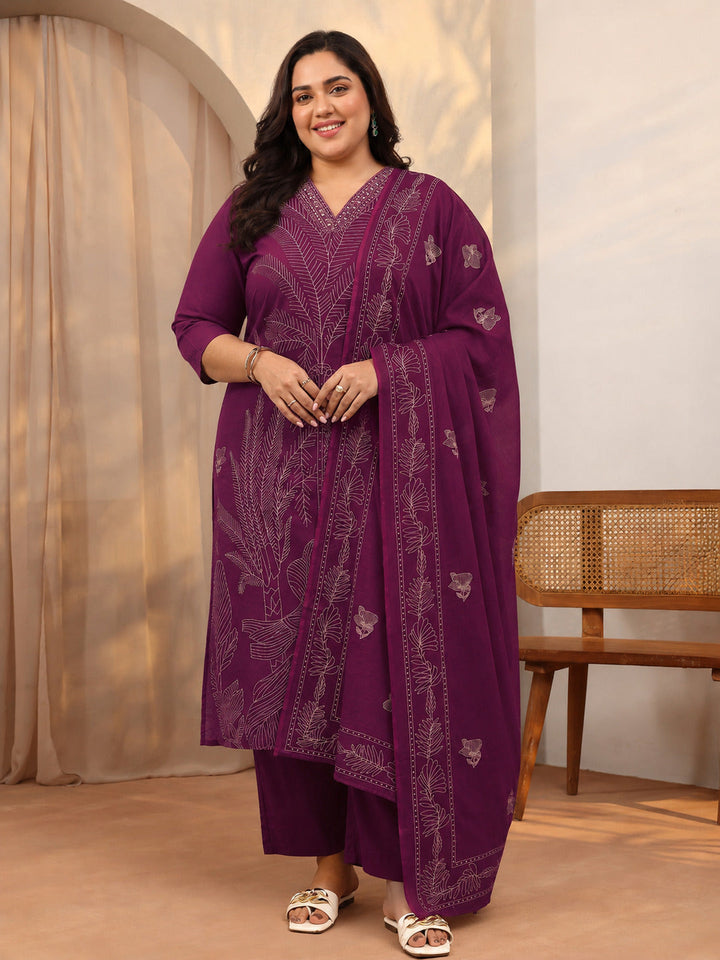Plus Size Burgundy Embroidered Cotton Straight Suit Set With Dupatta
