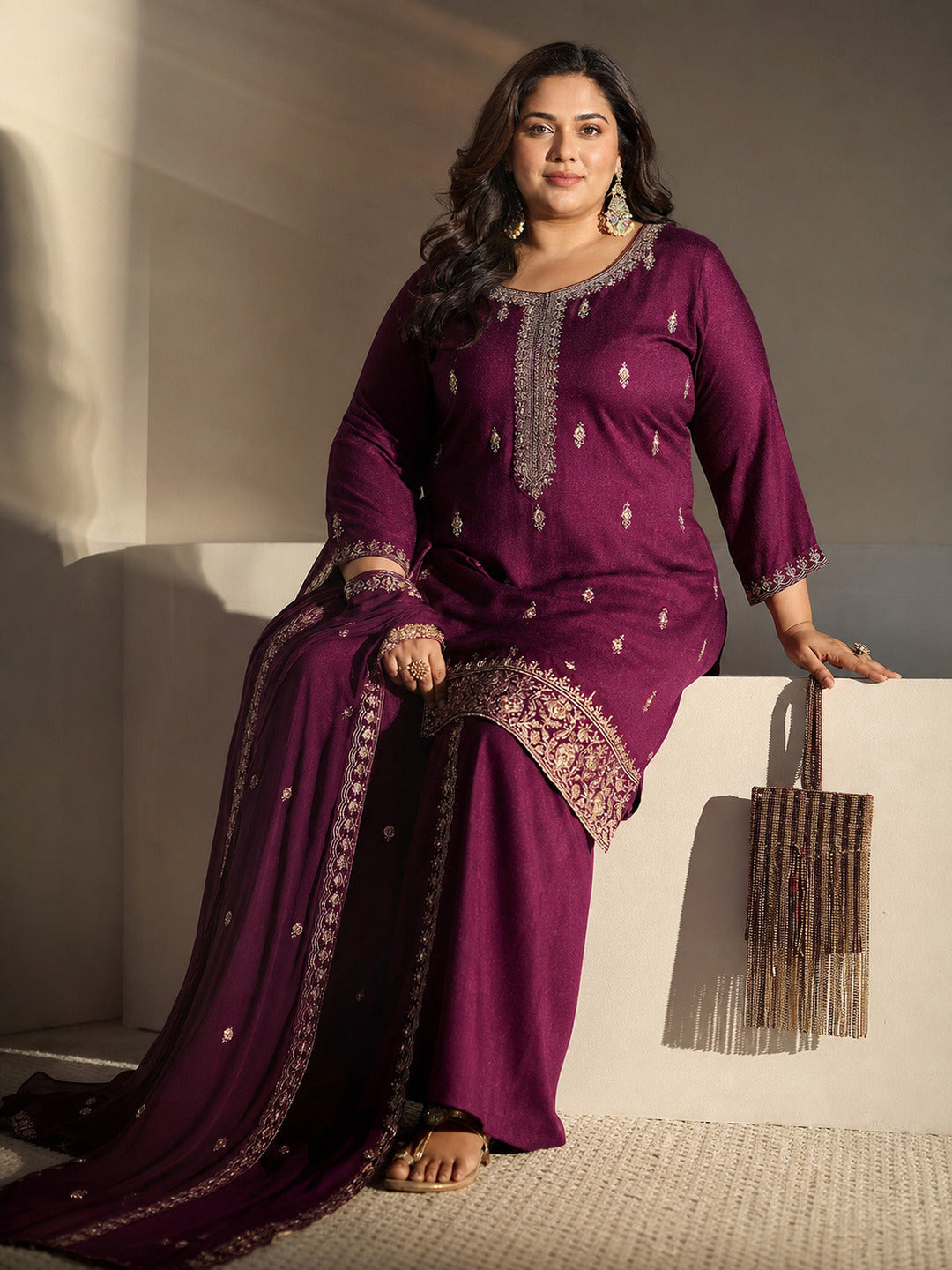 Plus Size Burgundy Embroidered Silk Blend Palazzo Suit Set With Dupatta