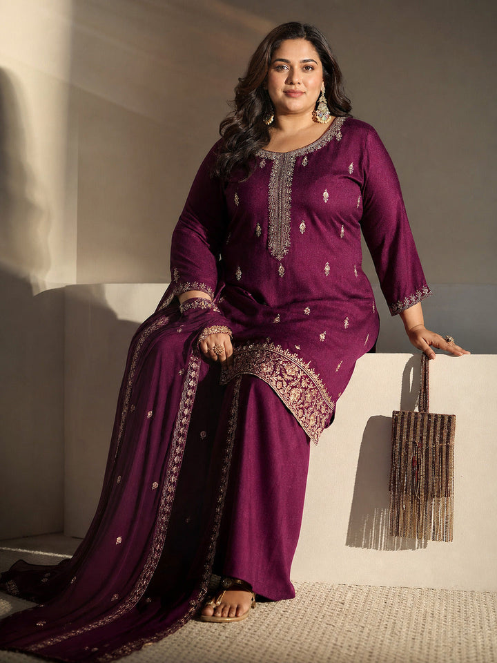 Plus Size Burgundy Embroidered Silk Blend Palazzo Suit Set With Dupatta