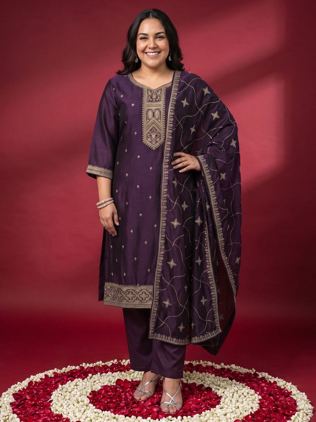 Plus Size Burgundy Embroidered Silk Blend Straight Suit Set