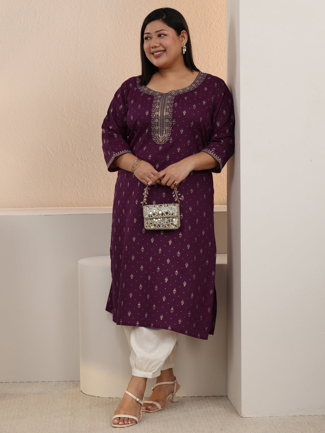 Plus Size Burgundy Ethnic Motifs Printed Cotton Blend Straight Kurta