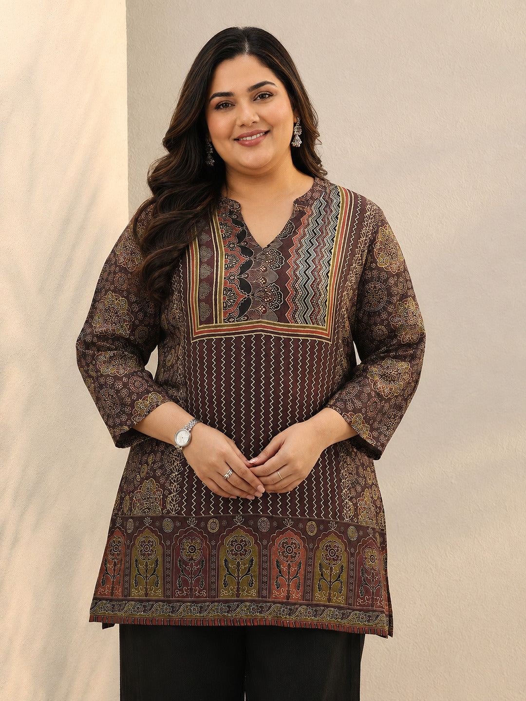 Plus Size Burgundy Ethnic Printed Silk Blend Straight Short Kurti