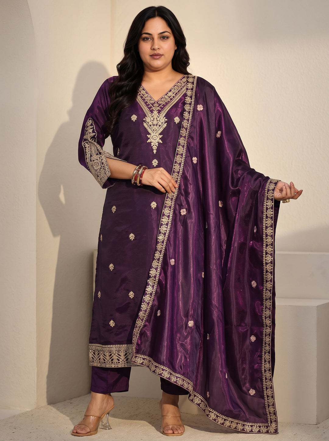 Plus Size Burgundy Floral Embroidered Tissue Straight Suit Set