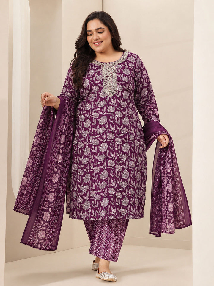 Plus Size Burgundy Printed Cotton Blend Straight Suit Sets With Dupatta