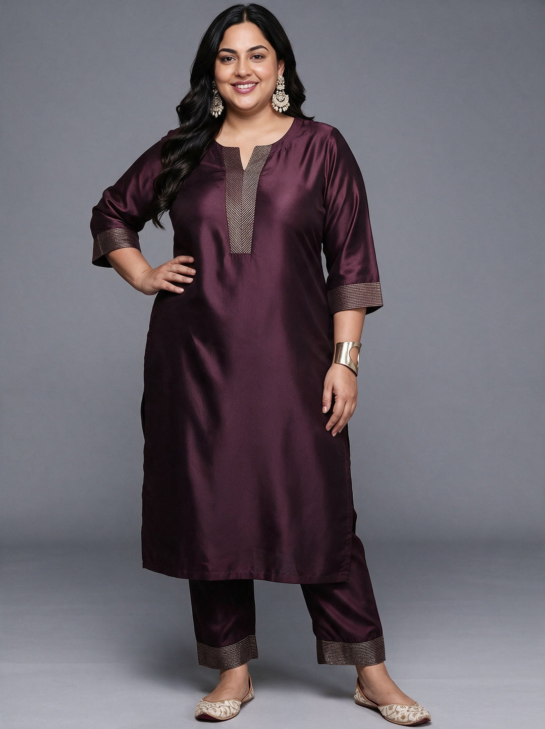 Plus Size Burgundy Solid Straight Kurta With Trousers