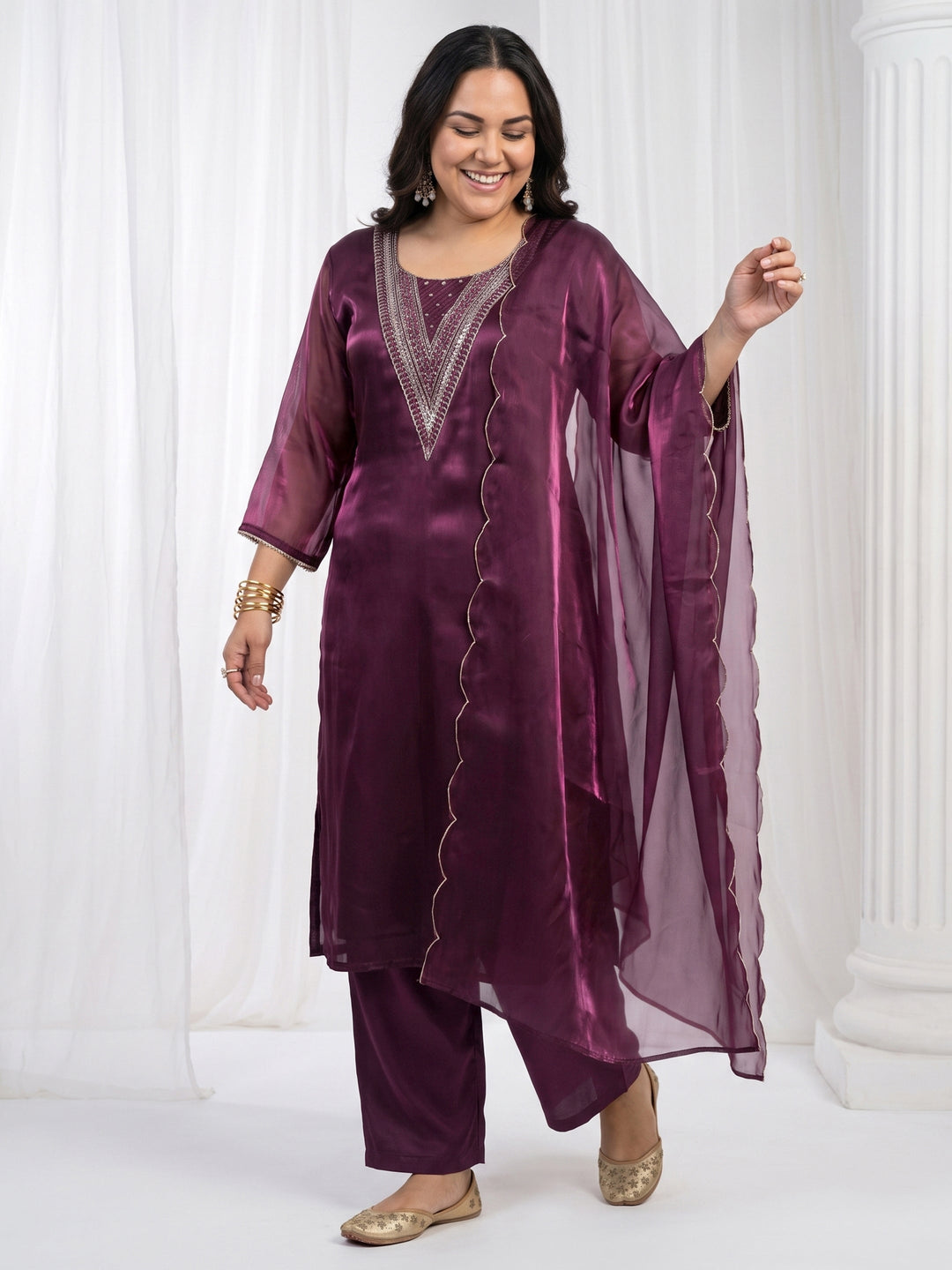 Plus Size Burgundy Yoke Design Embellished Tissue Straight Suit Set