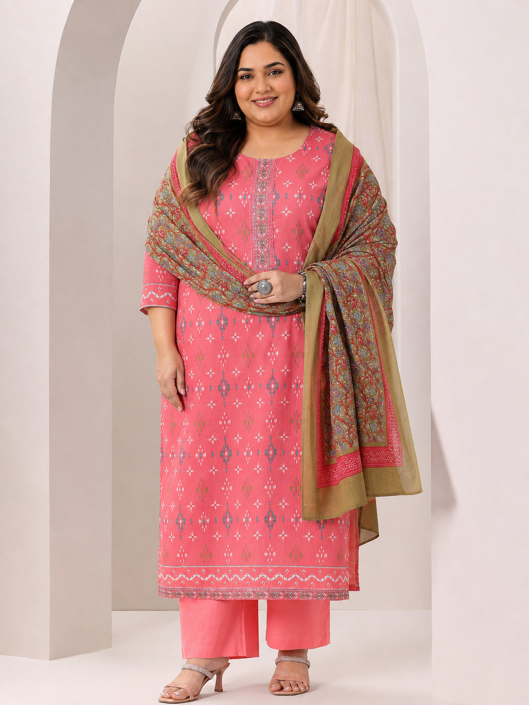 Plus Size Coral Printed Cotton Straight Suit Set With Dupatta