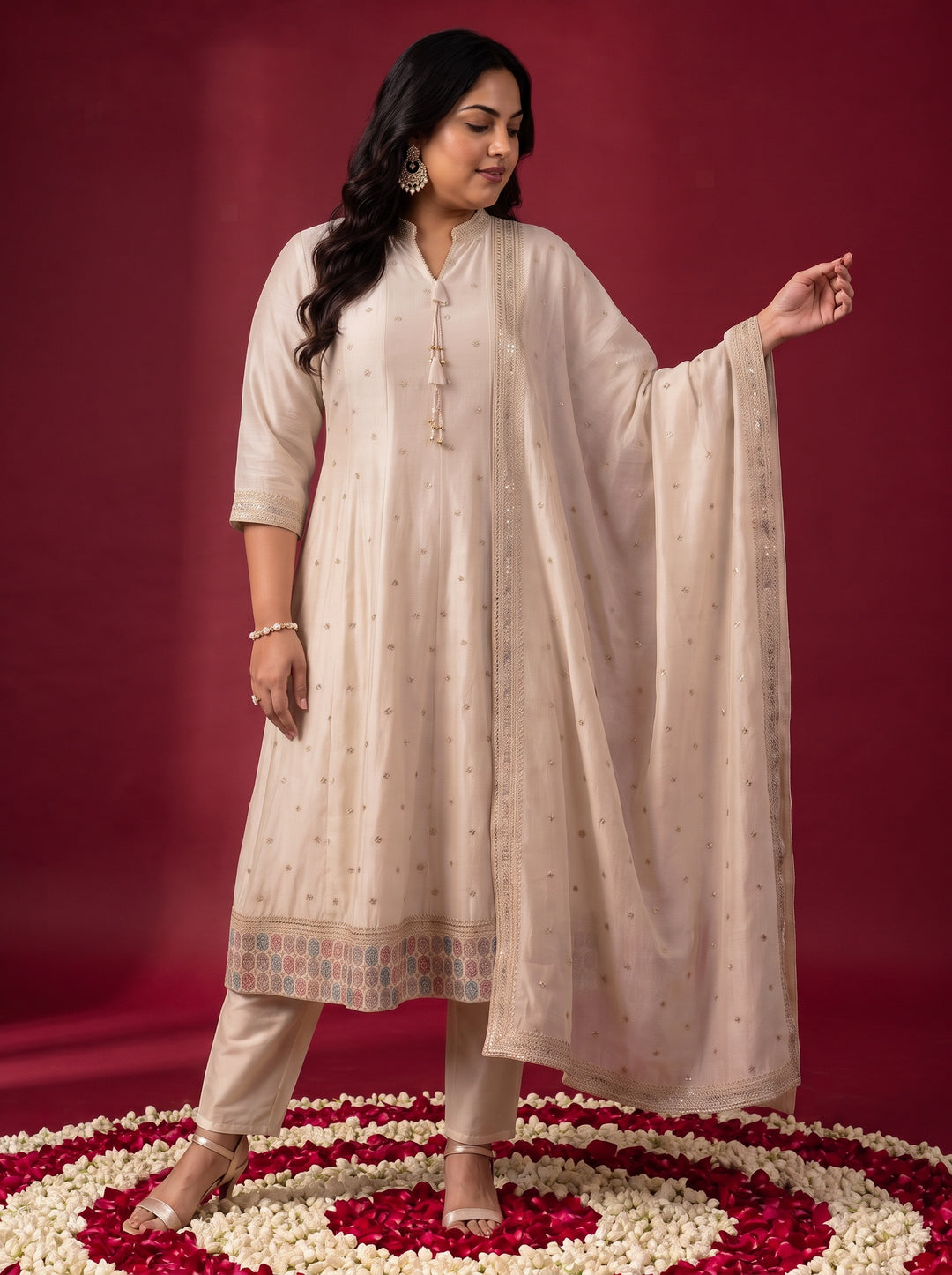 Plus Size Cream Ethnic Embroidered Silk Blend A-Line Suit Set