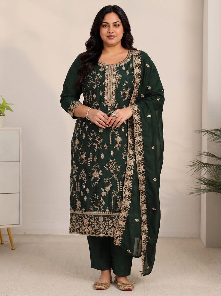 Plus Size Dark Green Floral Embroidered Silk Blend Straight Suit Set