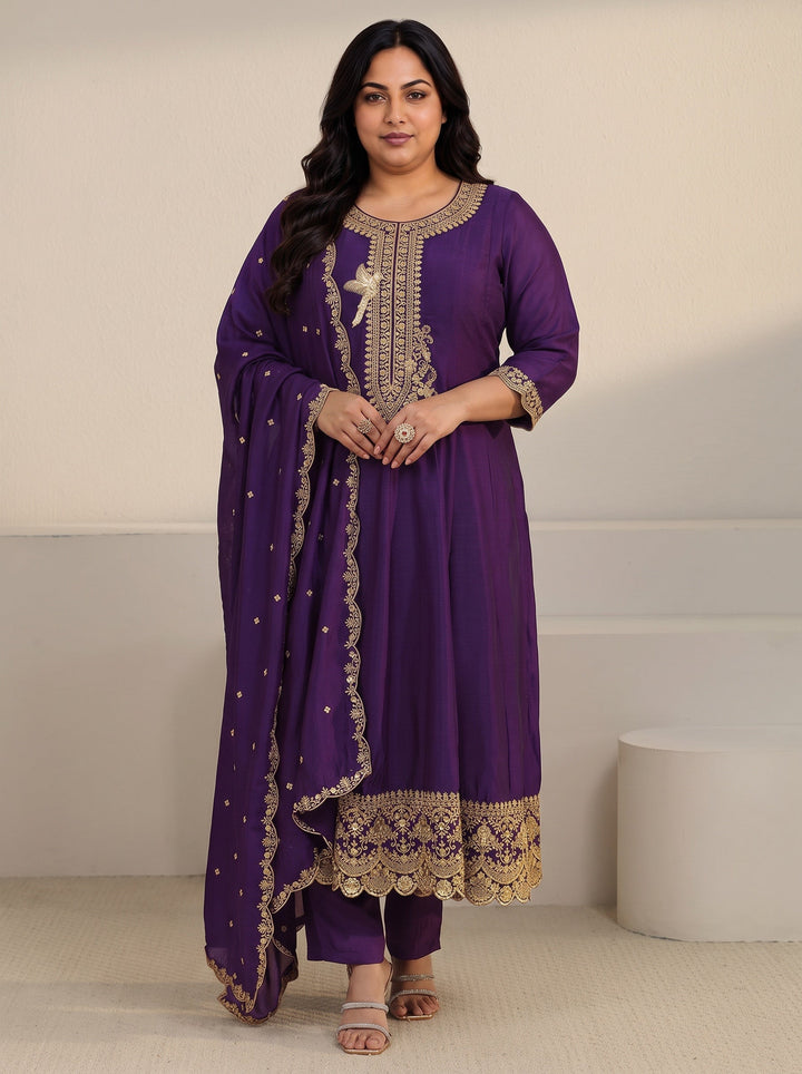 Plus Size Deep Violet Yoke Embroidered Silk Blend Anarkali Suit Set