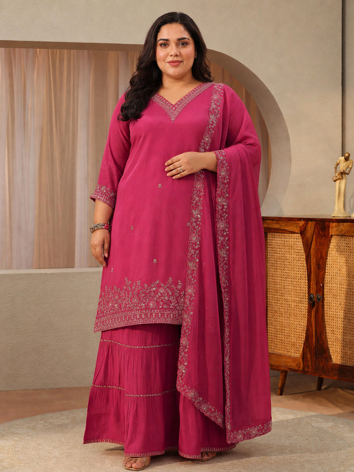 Plus Size Fuchsia Pink Embroidered Chanderi Cotton Sharara Suit Set